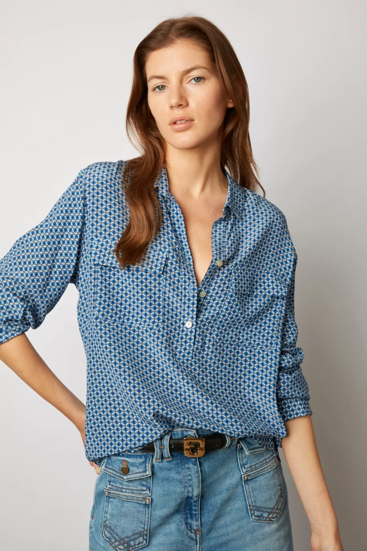 Gerarddarel Blouse en soie imprimé géométrique - CARINE Bleu-Femme Chemises & Blouses