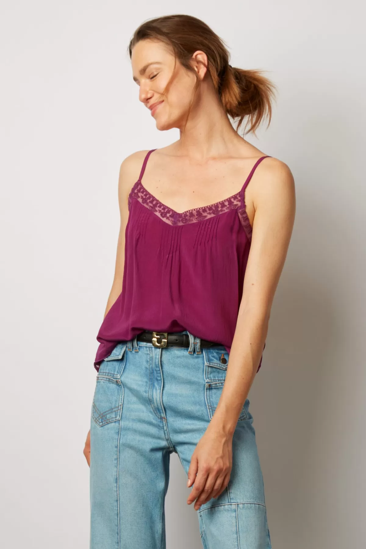 Gerarddarel Débardeur en soie et dentelle - CLARA Violet-Femme Tops & Sweats | Chemises & Blouses