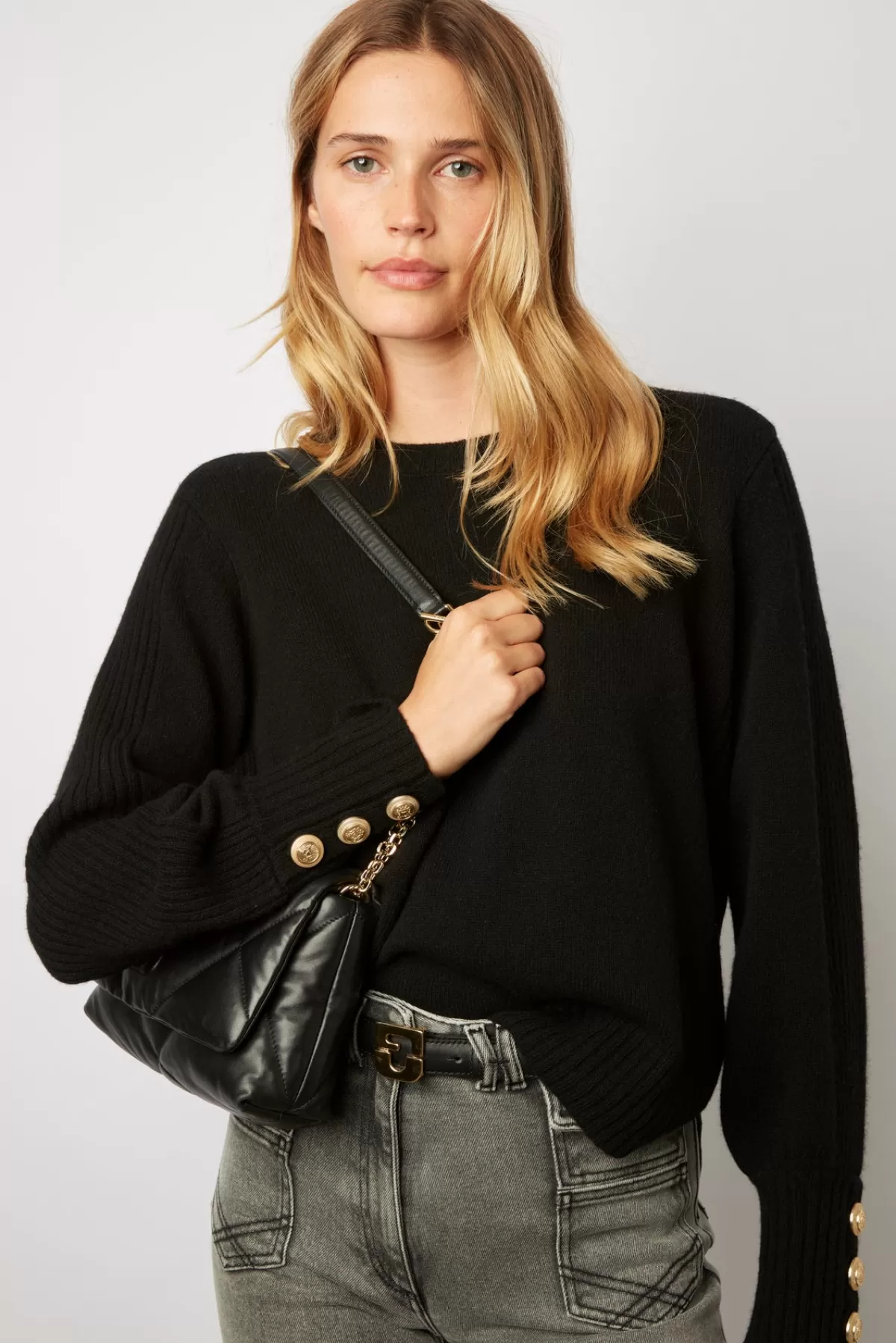 Gerarddarel Pull col rond en laine et boutons dorés - LEILANIE Noir-Femme Maille