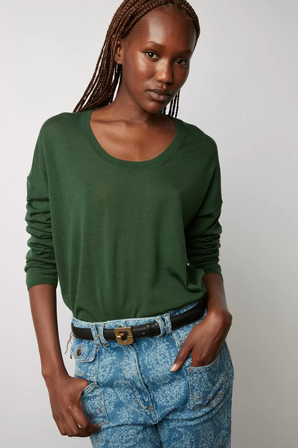 Gerarddarel Pull col rond en laine fine - LOUMIA Vert-Femme Maille