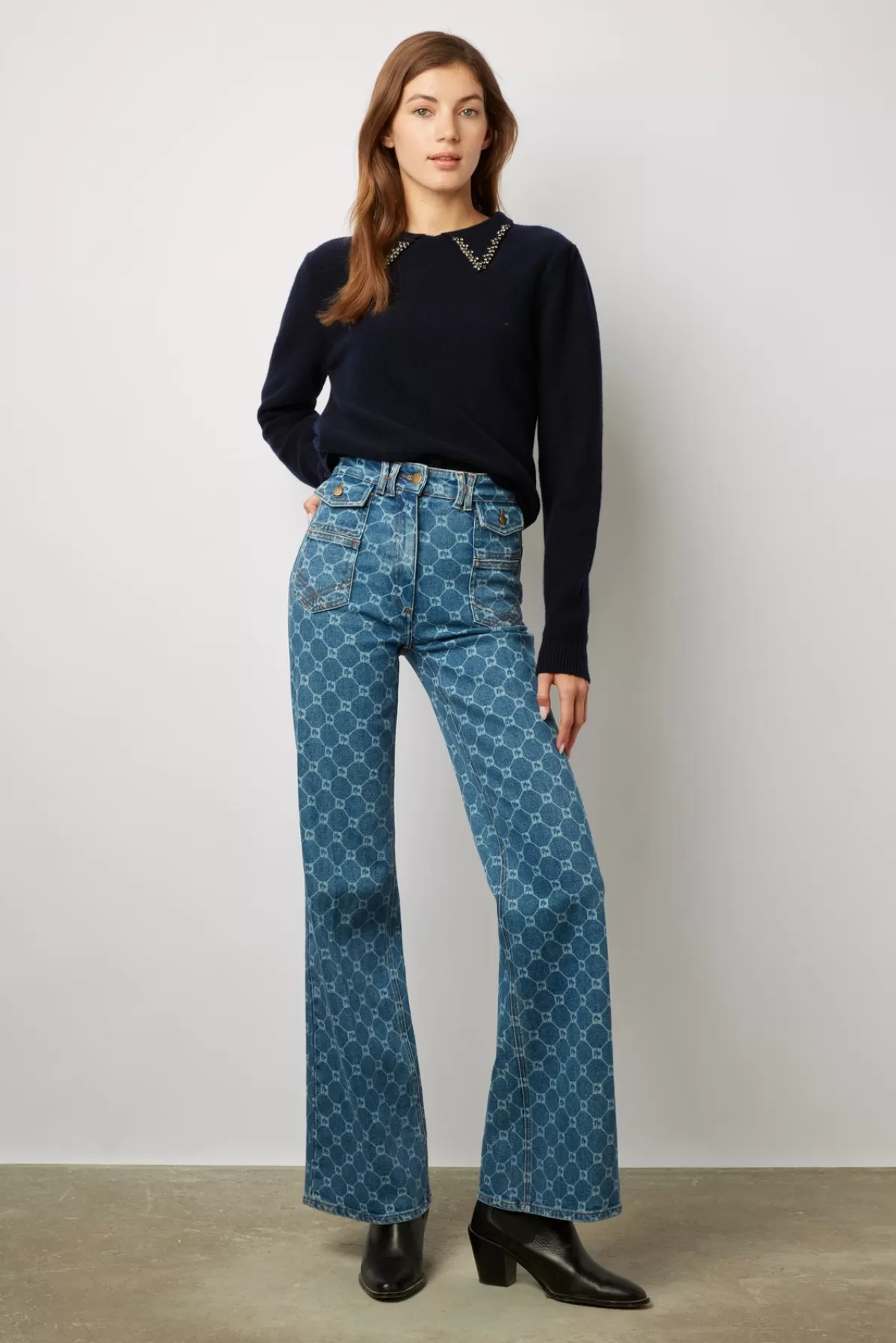 Gerarddarel Pull uni en laine avec col chemise et strass - LUDIVINE Bleu foncé / Marine-Femme Maille