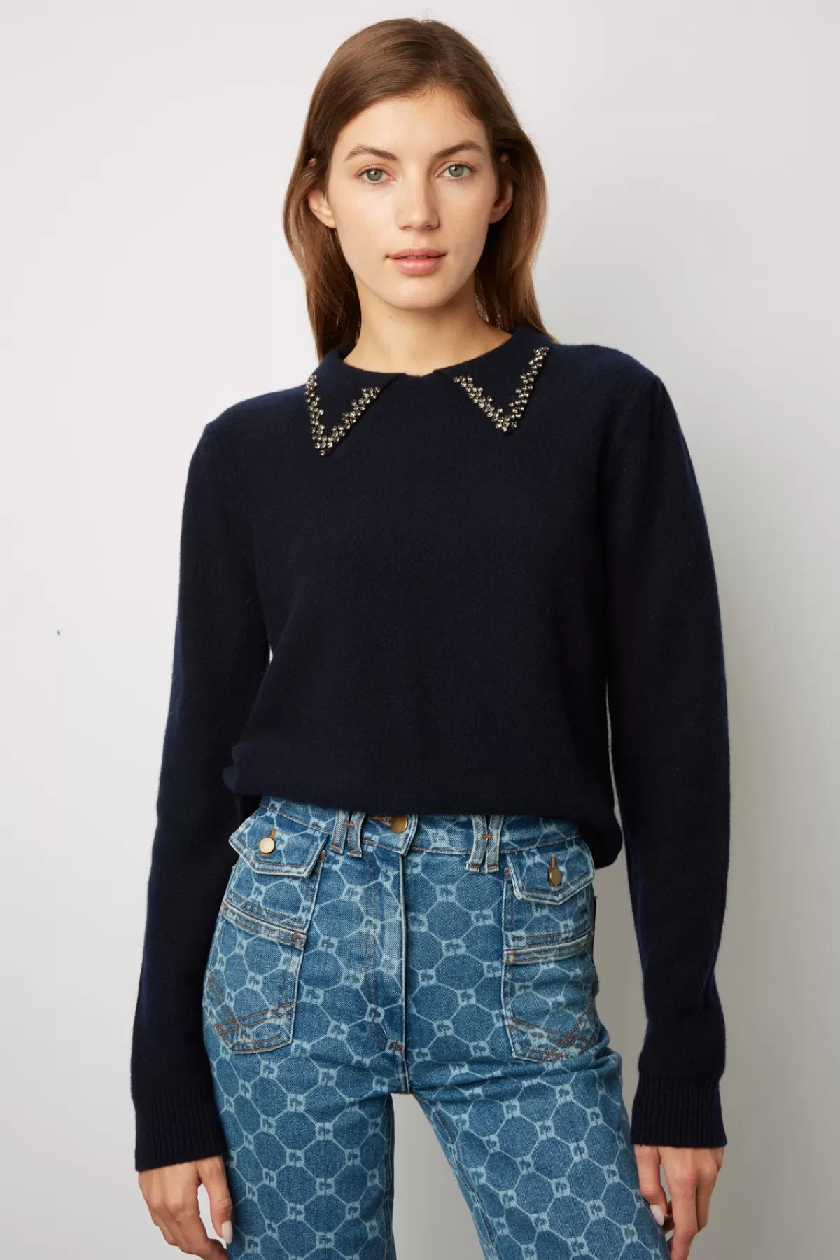 Gerarddarel Pull uni en laine avec col chemise et strass - LUDIVINE Bleu foncé / Marine-Femme Maille