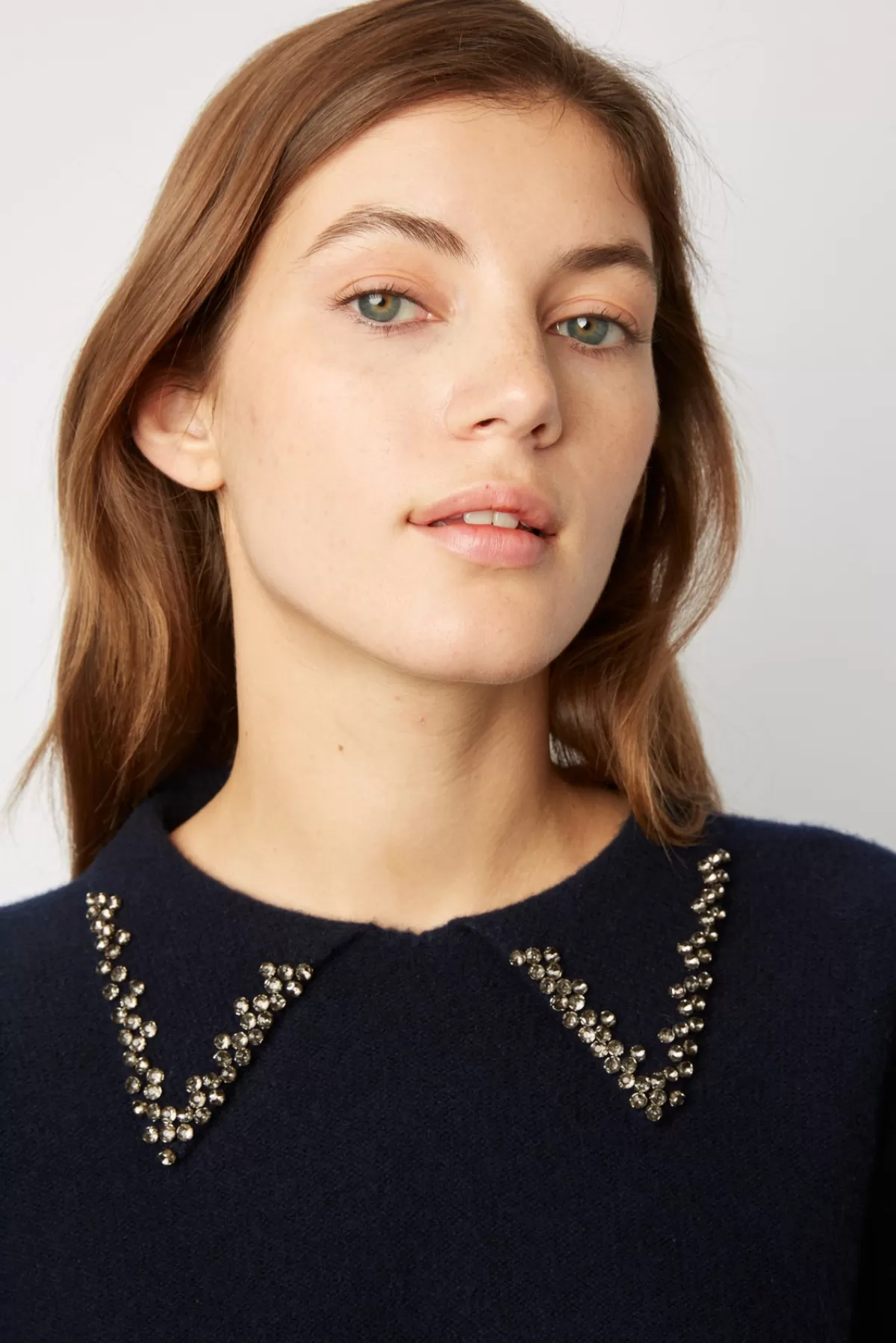 Gerarddarel Pull uni en laine avec col chemise et strass - LUDIVINE Bleu foncé / Marine-Femme Maille