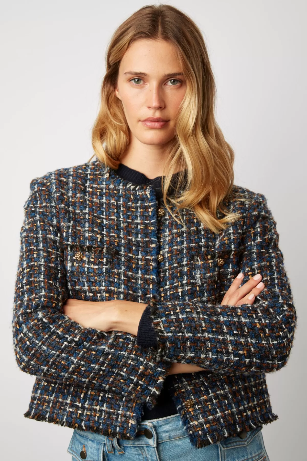 Gerarddarel Veste courte en tweed et lurex - NONA Bleu-Femme Vestes